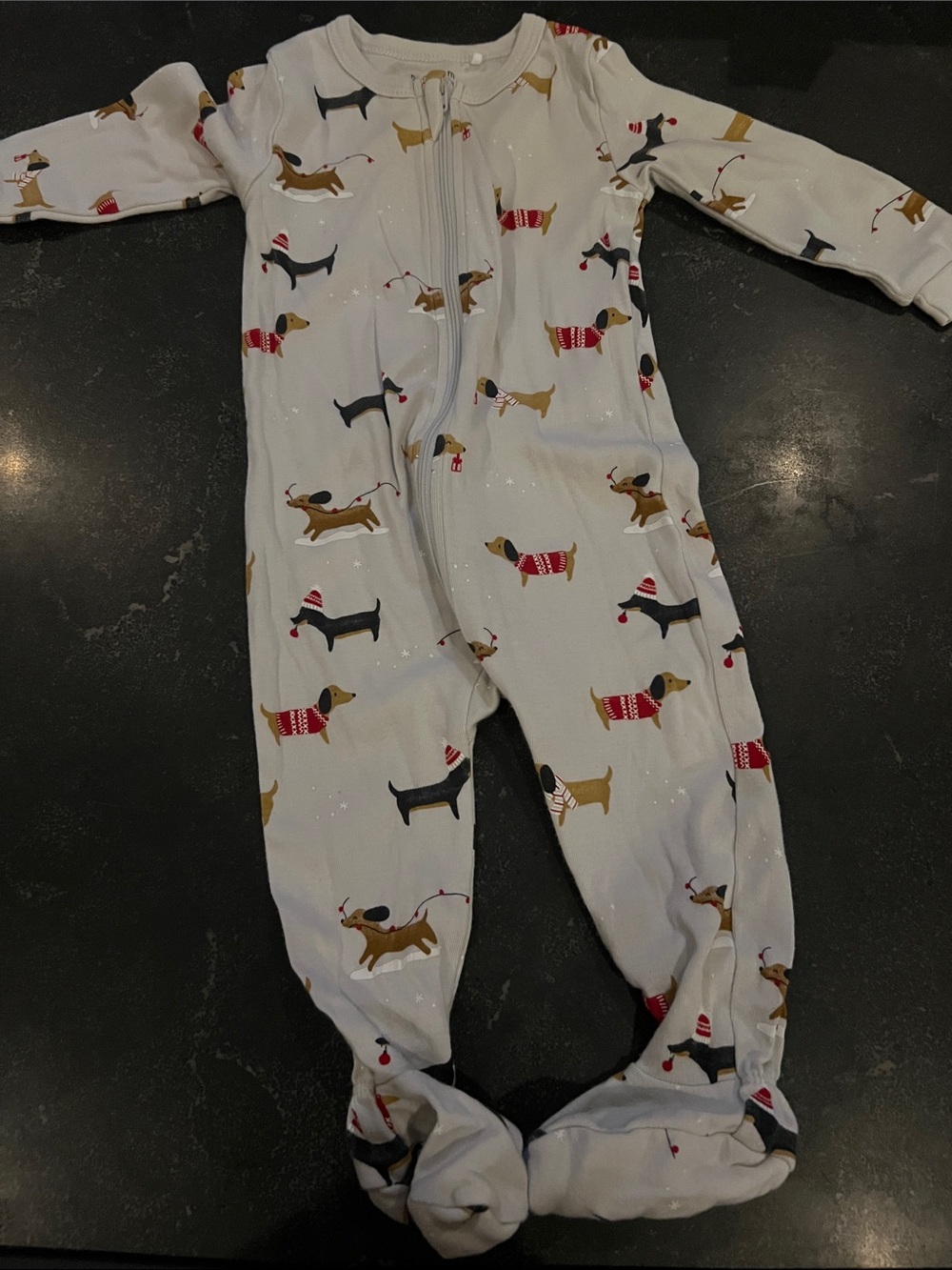 Petit Lem holiday Baby One-Piece Footed Sleeper in White with Festive Dachshund